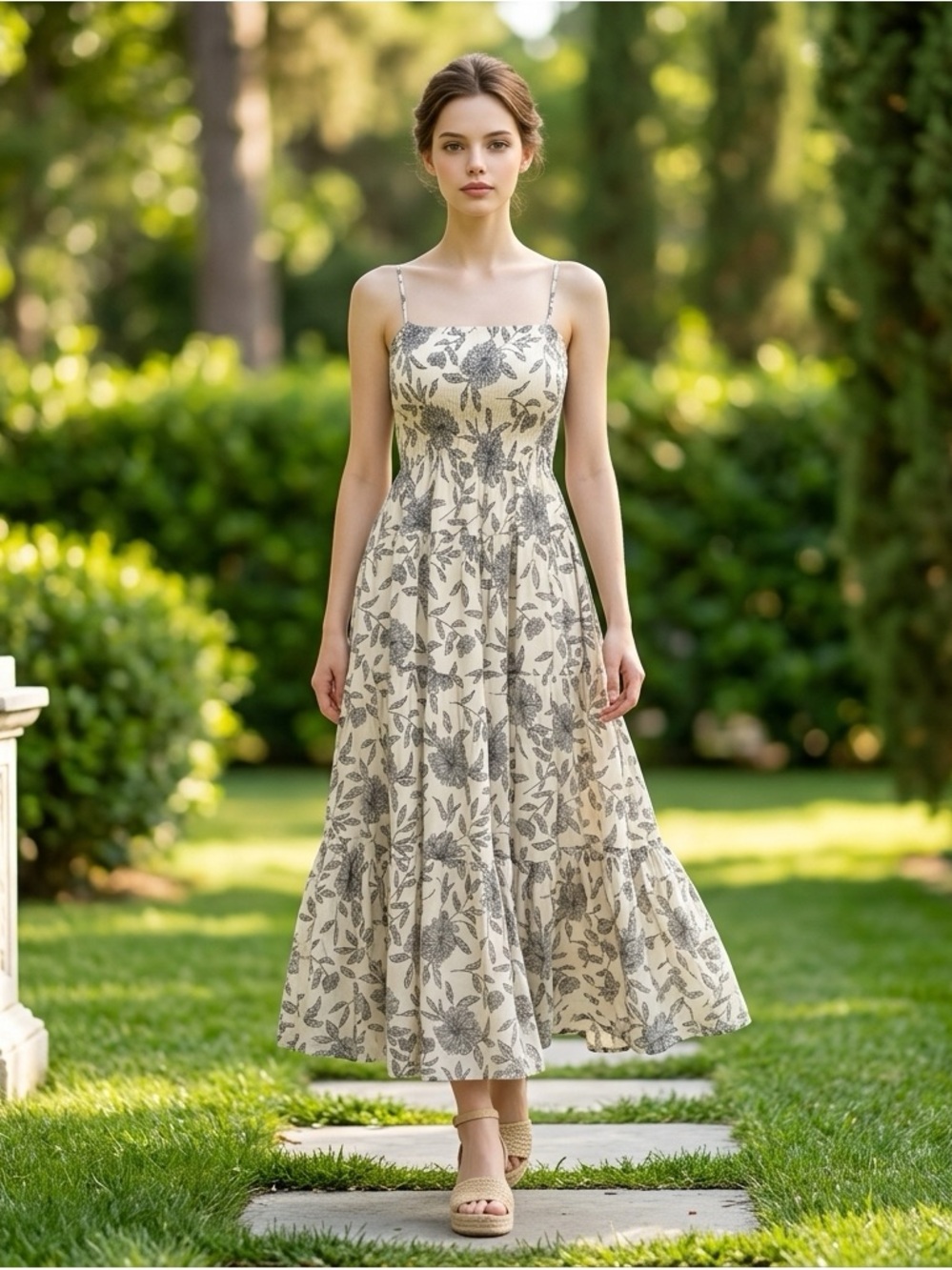 Abercrombie & Fitch Cream And Gray Floral Smoked Maxi Dress Size S